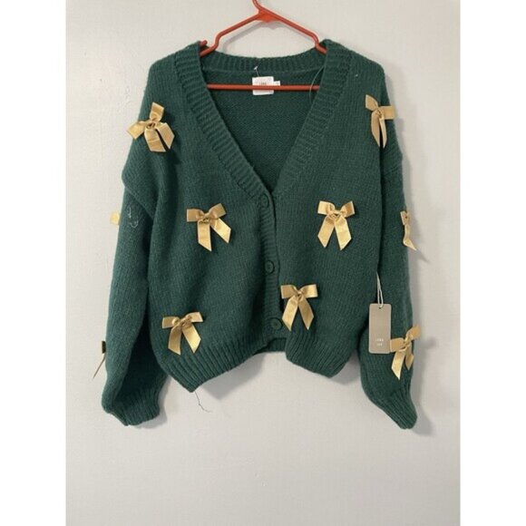 Luna Ivy 3D Bow Forest Green Gold Cardigan Sweater M NWT Cottagecore - Picture 1 of 7